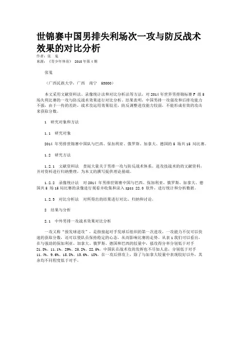 世锦赛中国男排失利场次一攻与防反战术效果的对比分析