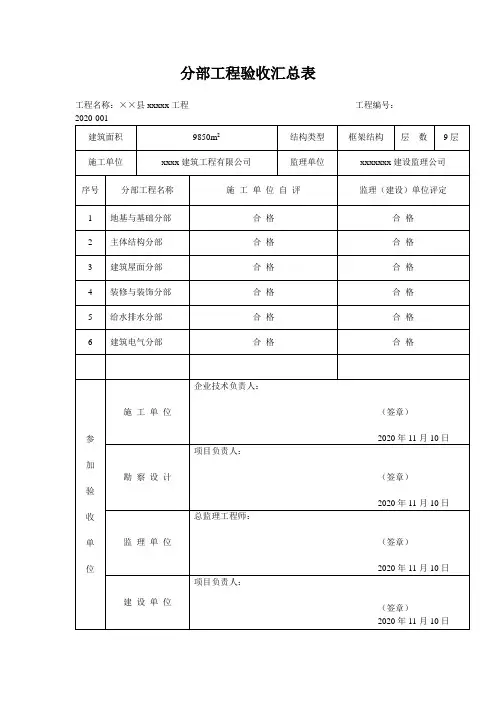 分部工程验收汇总表通用版