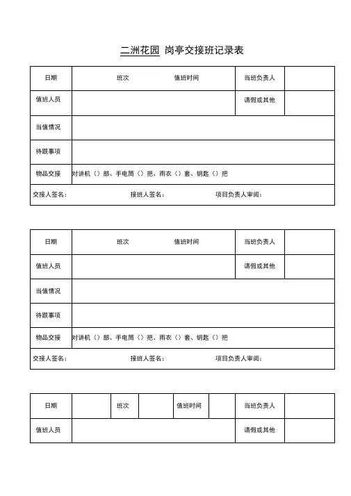 岗亭交接班记录表