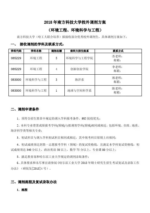 2018年南方科技大学校外调剂方案环境工程、环境科学与工程