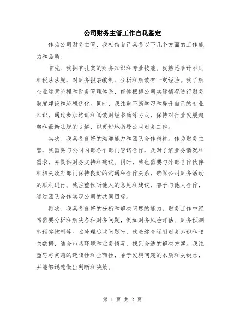 公司财务主管工作自我鉴定