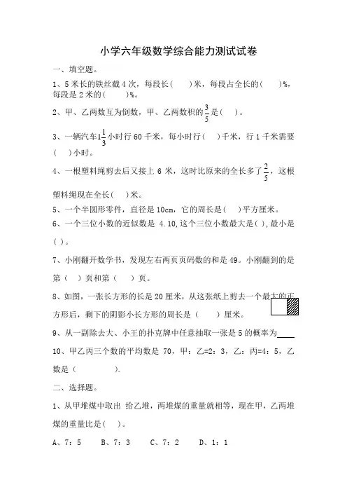 小学六年级数学综合能力测试试卷(1)