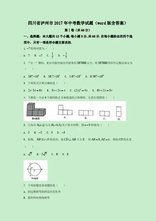 四川省泸州市2017年中考数学试题(word版,含答案)