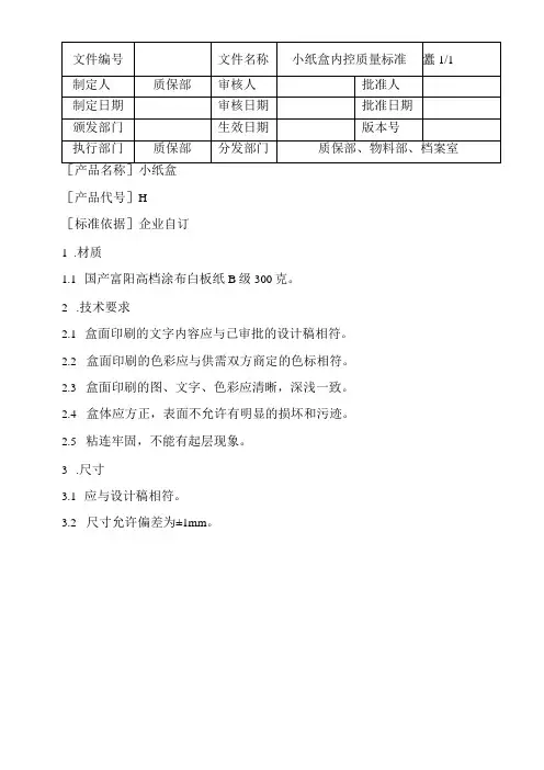 制药企业生产及管理相关标准和制度-小纸盒内控质量标准