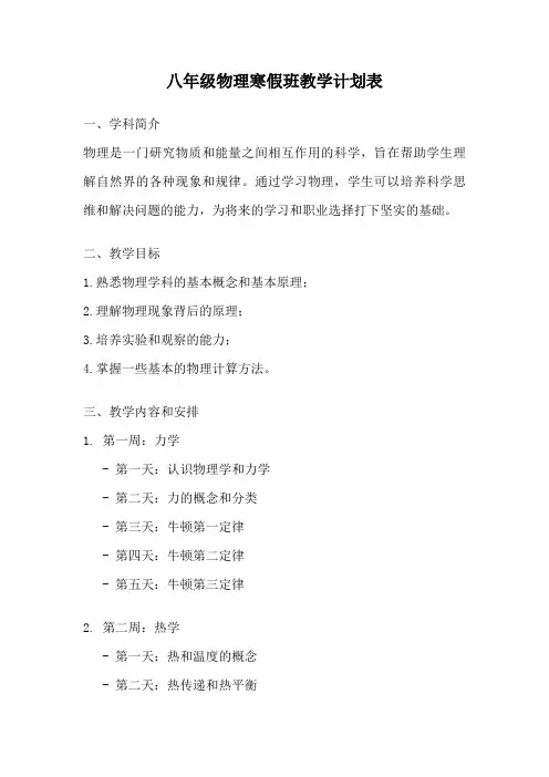 八年级物理寒假班教学计划表