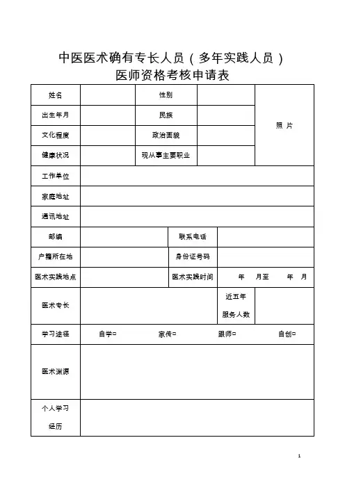 中医医术确有专长人员(多年实践人员)医师资格考核申请表 附标准 正规个人简历表格