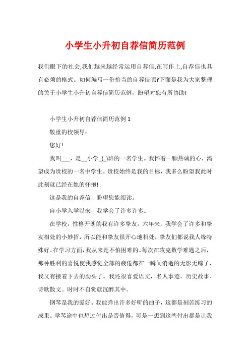 小学生小升初自荐信简历范例
