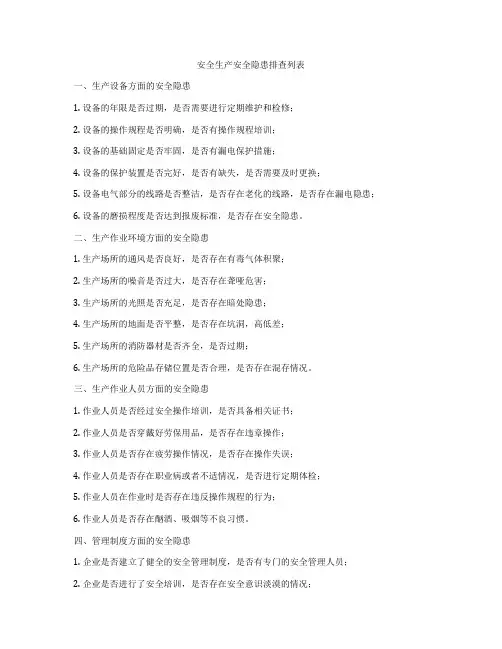 安全生产安全隐患排查列表