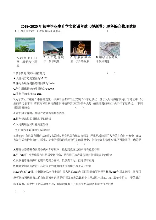 2019-2020年初中毕业生升学文化课考试(押题卷)理科综合物理试题