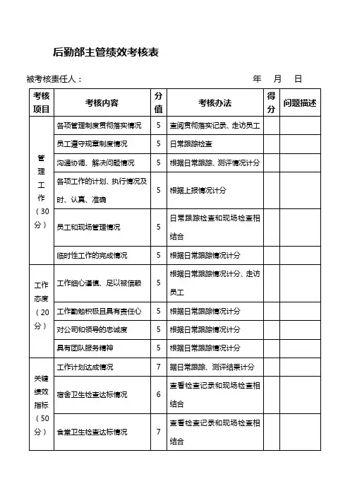 后勤部主管绩效考核表