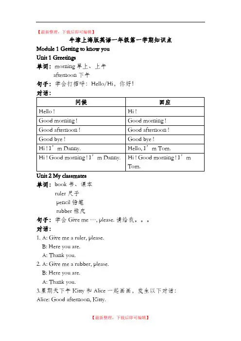 牛津上海版英语一年级第一学期知识点(精品资料).doc