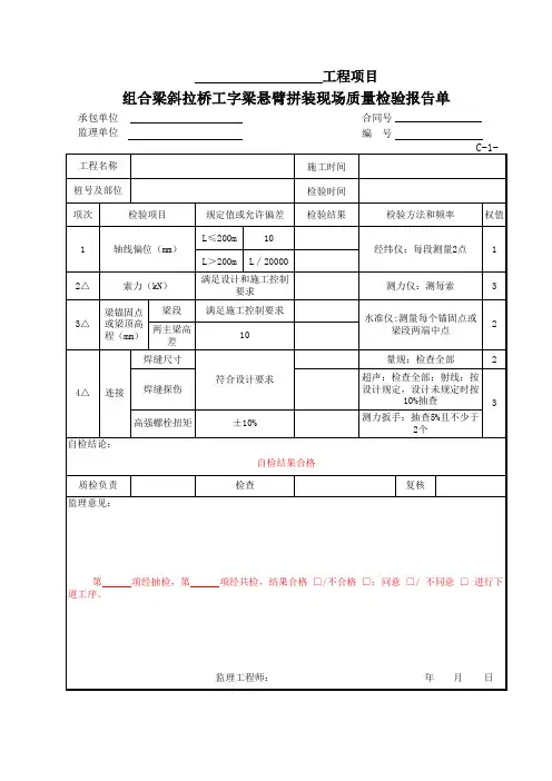 公路项目质量保证资料索引C-1表(检验报告单)C-1-113 结合梁斜拉桥工字梁段悬臂拼装现场质量检验报告单