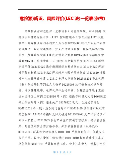 危险源)辨识、风险评价(LEC法)一览表(参考)