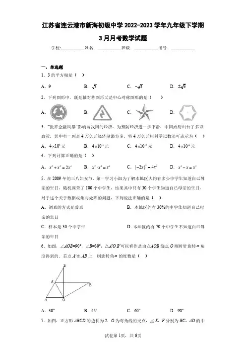 江苏省连云港市新海初级中学2022-2023学年九年级下学期3月月考数学试题(含答案解析)