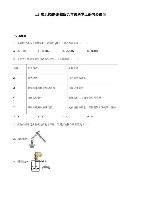 浙教版九年级科学上册1.3 常见的酸 同步练习(含解析)