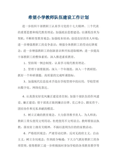 希望小学教师队伍建设工作计划
