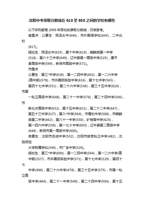 沈阳中考录取分数线在610至650之间的学校有哪些