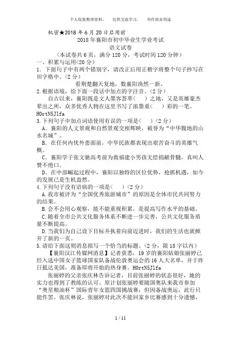 湖北省襄阳市2018年中考语文试题