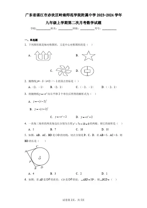 广东省湛江市赤坎区岭南师范学院附属中学2023-2024学年九年级上学期第二次月考数学试题