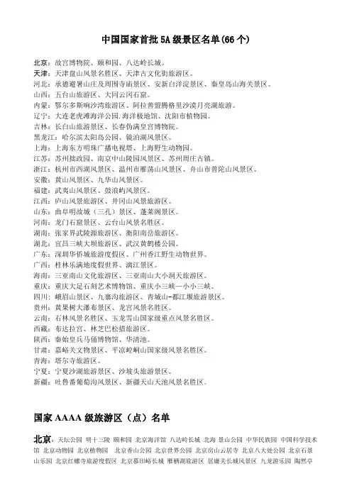 中国各省区国家级风景区名单