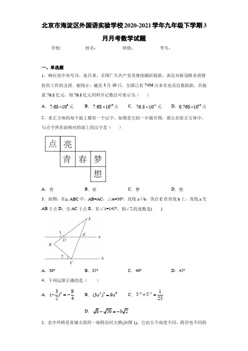 北京市海淀区外国语实验学校2020-2021学年九年级下学期3月月考数学试题