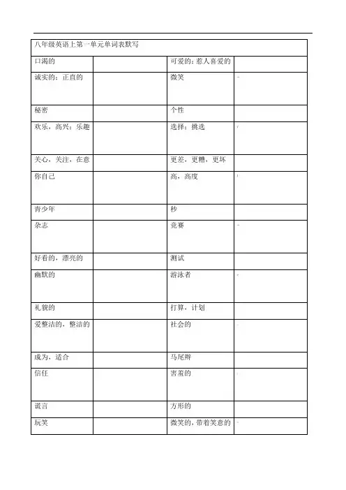 译林版八年级上册英语单词默写表