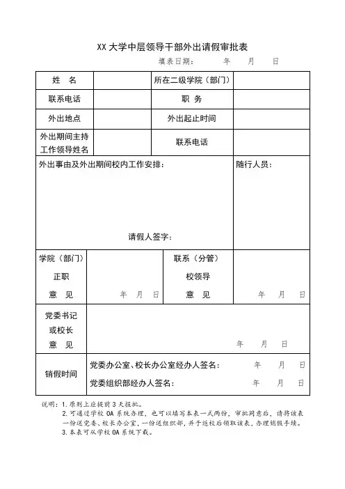 XX大学学校中层领导干部外出请假审批表(2019年最新版word格式模板)