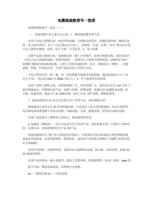 电缆线规格型号一览表