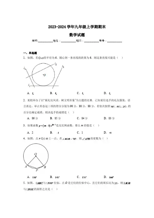 河北省邯郸市永年区2024届九年级上学期期末教学质量检测数学试卷(含答案)
