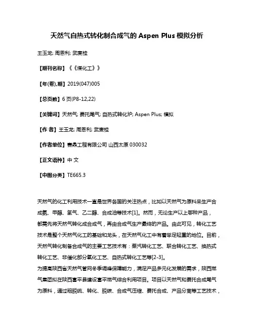 天然气自热式转化制合成气的Aspen Plus模拟分析