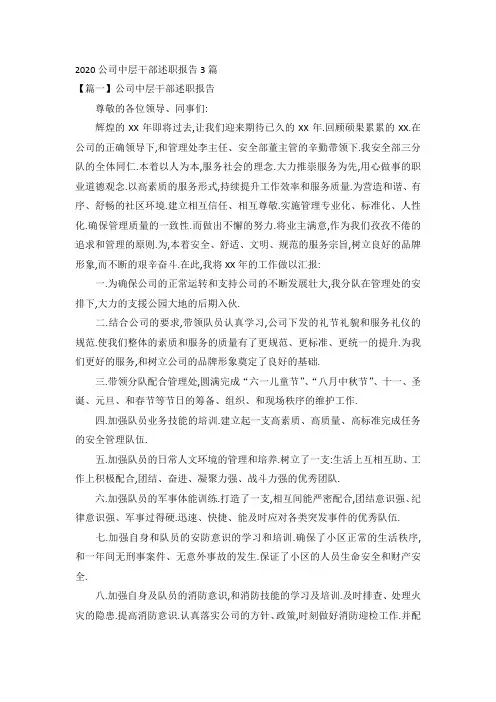 2020公司中层干部述职报告3篇