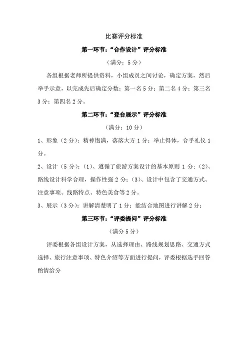 《第三节 学习与探究——设计一个旅游方案》比赛评分标准-中图版地理七年级下册