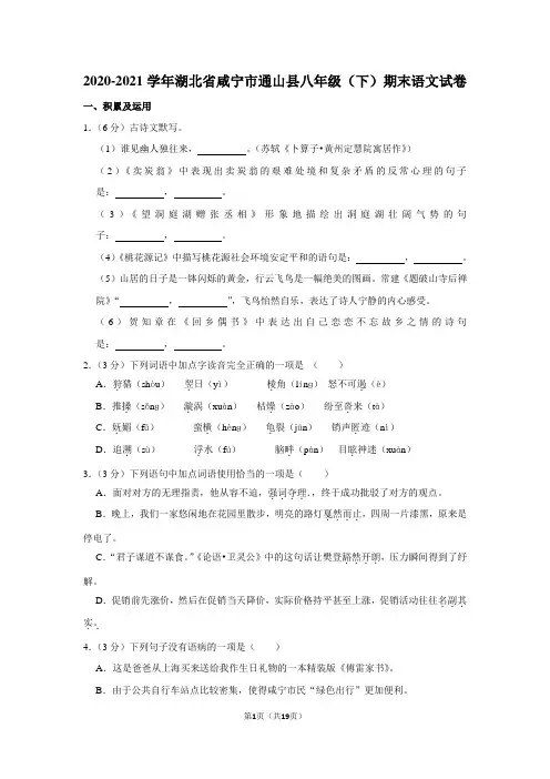 2020-2021学年湖北省咸宁市通山县八年级(下)期末语文试卷