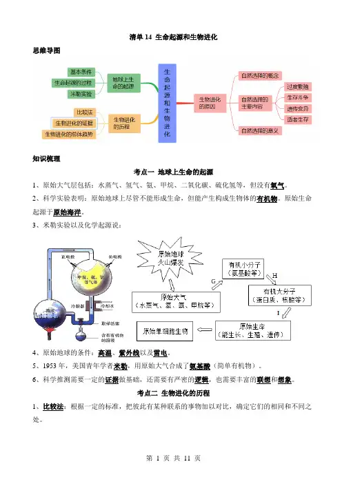 2024中考生物一轮复习知识清单14 生命起源和生物进化(3大考点+5大高频命题点)