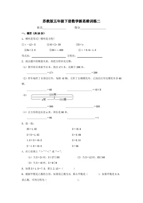 苏教版数学五年级下数学新思维训练二