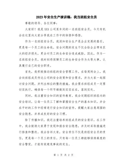 2023年安全生产演讲稿：我当班组安全员