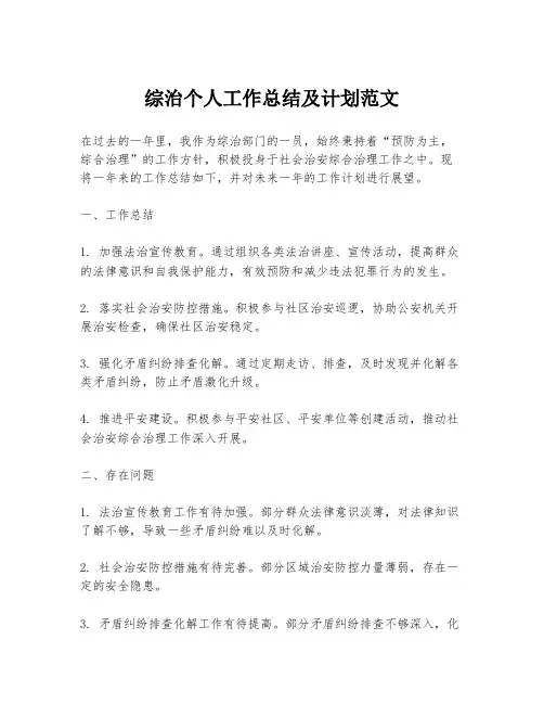 综治个人工作总结及计划范文