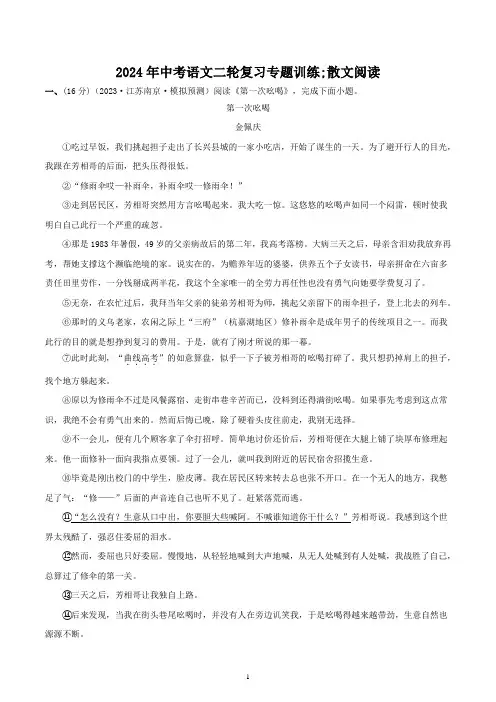 2024年中考语文二轮复习专题训练：散文阅读