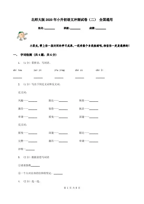 北师大版2020年小升初语文冲刺试卷(二) 全国通用