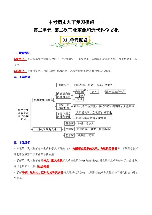中考历史九下复习提纲——第二单元 第二次工业革命和近代科学文化