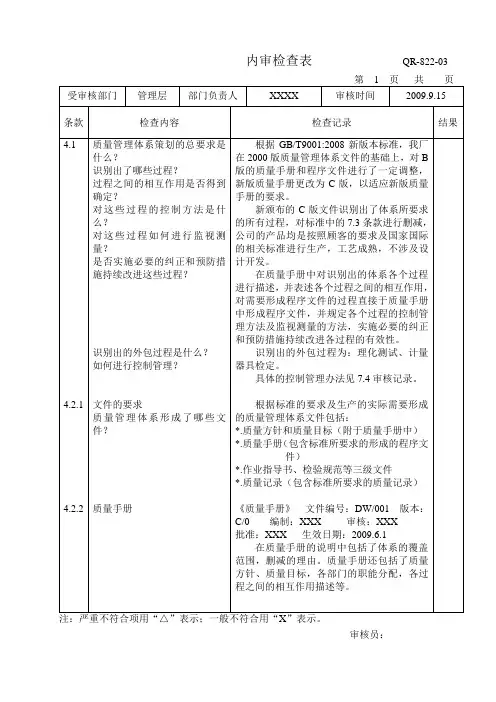 管理层内审检查表范例