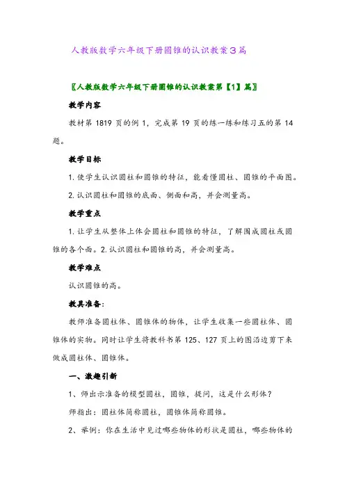 2024年人教版数学六年级下册圆锥的认识教案3篇