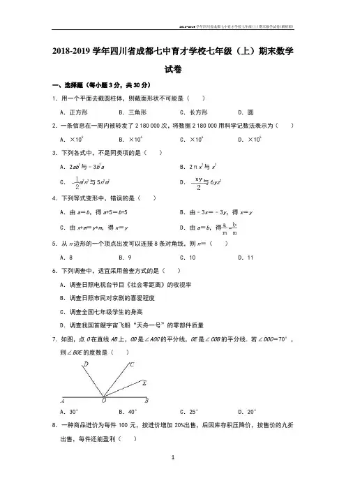 2018-2019学年四川省成都七中育才学校七年级(上)期末数学试卷(解析版)
