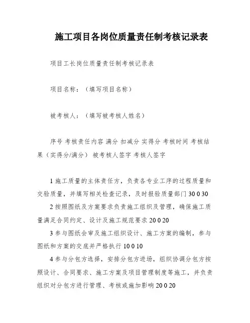 施工项目各岗位质量责任制考核记录表