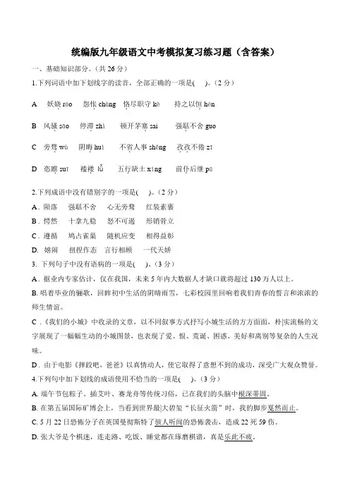 统编版九年级语文中考模拟复习练习题(含答案)
