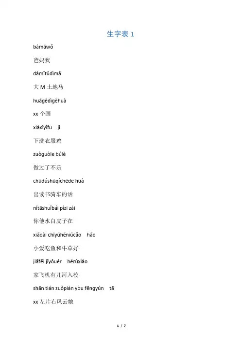 人教版小学一年级语文上册生字表(含拼音)