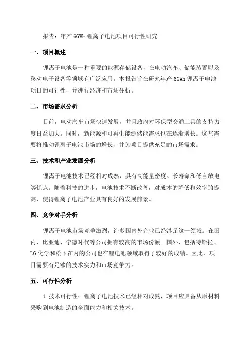 年产6GWh锂离子电池项目可行性研究报告