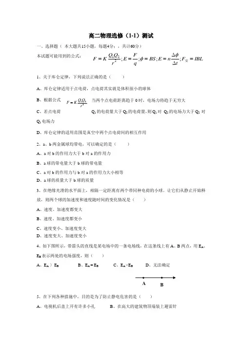 中学高二物理选修11试题(附答案)