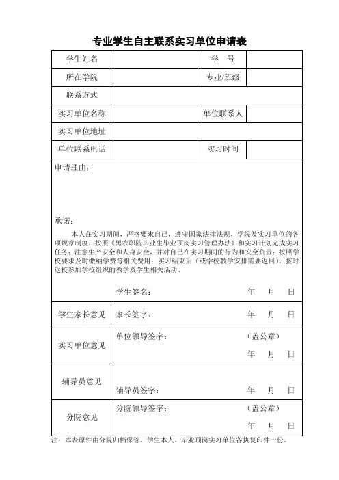 专业学生自主联系实习单位申请表