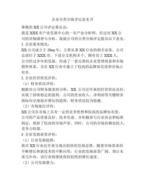 企业分类分级评定意见书